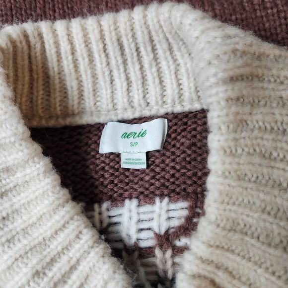 Sm Aerie Women's Fair Isle Crewneck Wool Blend Knit Sweater Brown Beige Pullover - Picture 4 of 5